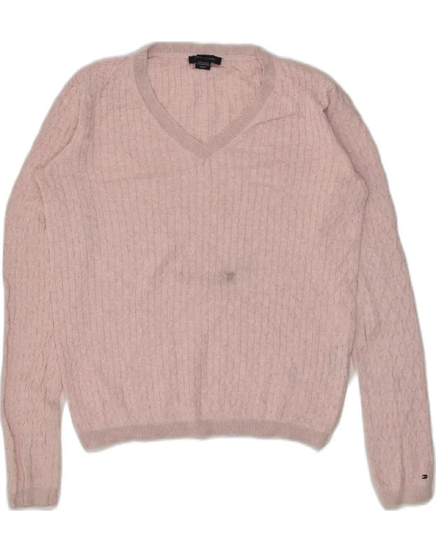 TOMMY HILFIGER Womens V-Neck Jumper Sweater UK 10 Small Pink Cotton Chenille Fabric Brocade Fabric Lace Fabric