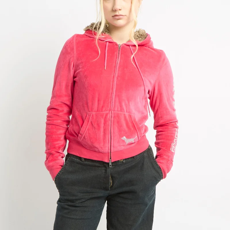 Victoria's Secret Pink Velour Track Jacket With Fur Lined Hood - M Fitted Jacket Loose Jacket Oversized Jacket