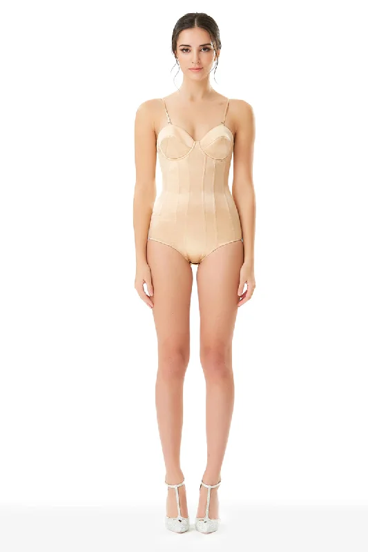 Silk Satin Corseted Bodysuit in Champagne Stylish Bodysuit with Pockets