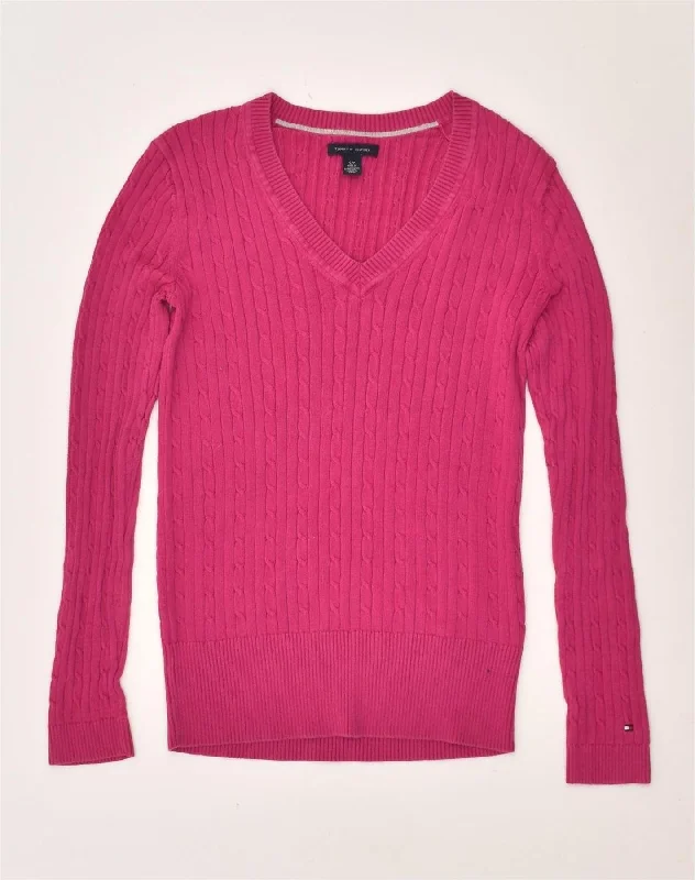 TOMMY HILFIGER Womens V-Neck Jumper Sweater UK 8 Small Pink Cotton Anti-Pilling Anti-Shrink Durable