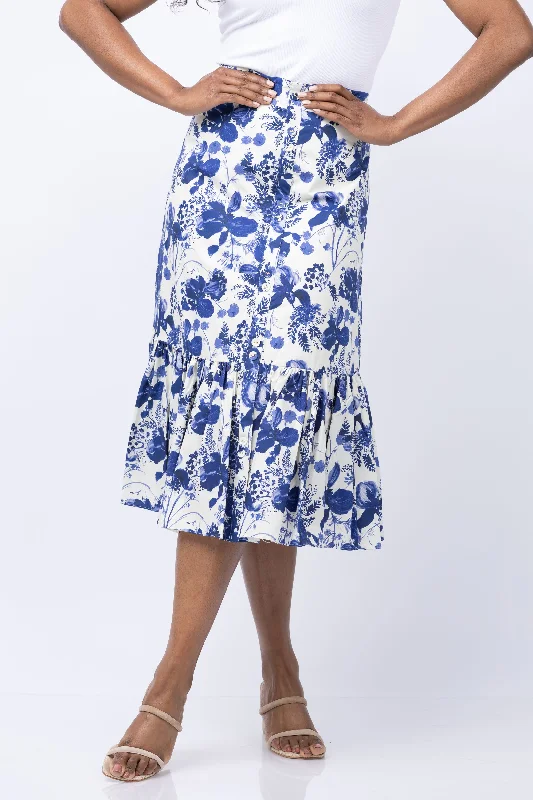 Cara Cara Georgica Skirt in Eve Blue Hanging Orchids pleated skirt texture