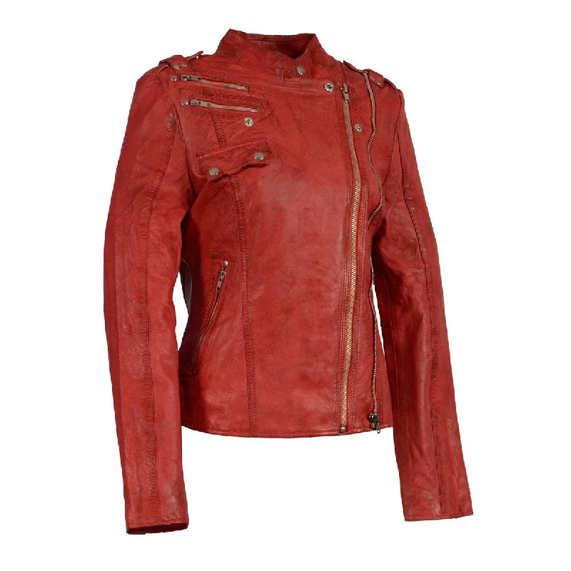 Women's Red Distressed Vegan Leather Biker Jacket Plaid Jacket Tartan Jacket Houndstooth Jacket