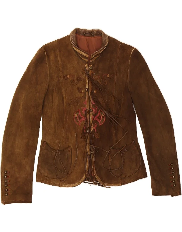 VINTAGE Womens Suede Jacket EU 36 Small Brown Cotton Mesh Jacket Canvas Jacket Denim Jacket