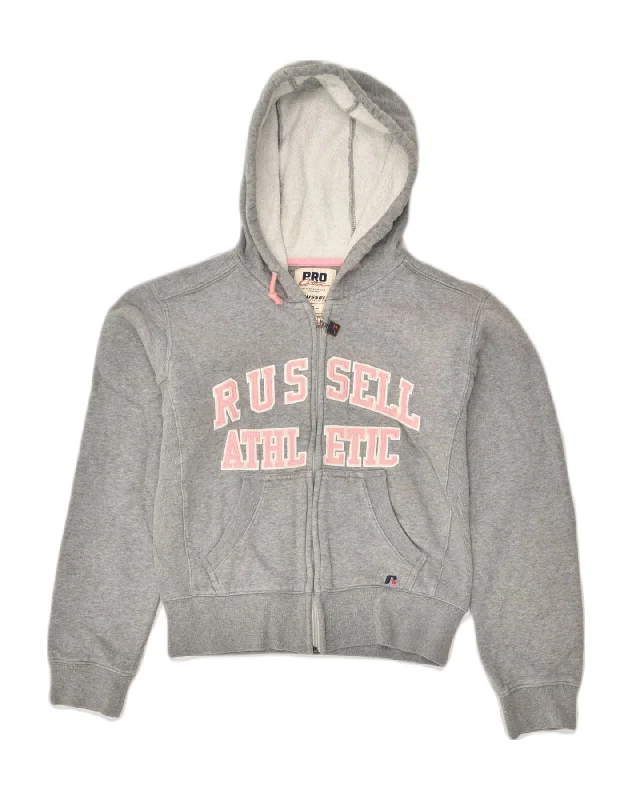 RUSSELL ATHLETIC Womens Graphic Zip Hoodie Sweater UK 8 Small Grey Cotton Wool Fabric Cashmere Fabric Tweed Fabric