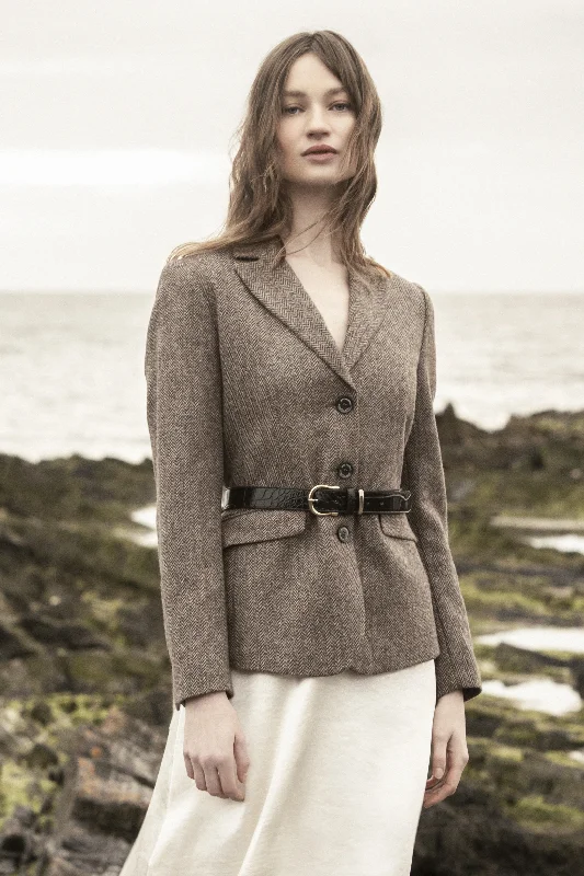 Tara Tweed Hacking Jacket - Light Tan Herringbone Elasticated Jacket Padded Jacket Insulated Jacket