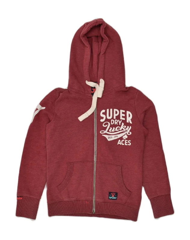 SUPERDRY Womens Graphic Zip Hoodie Sweater UK 10 Small Burgundy Cotton Ribbed Striped Patterned