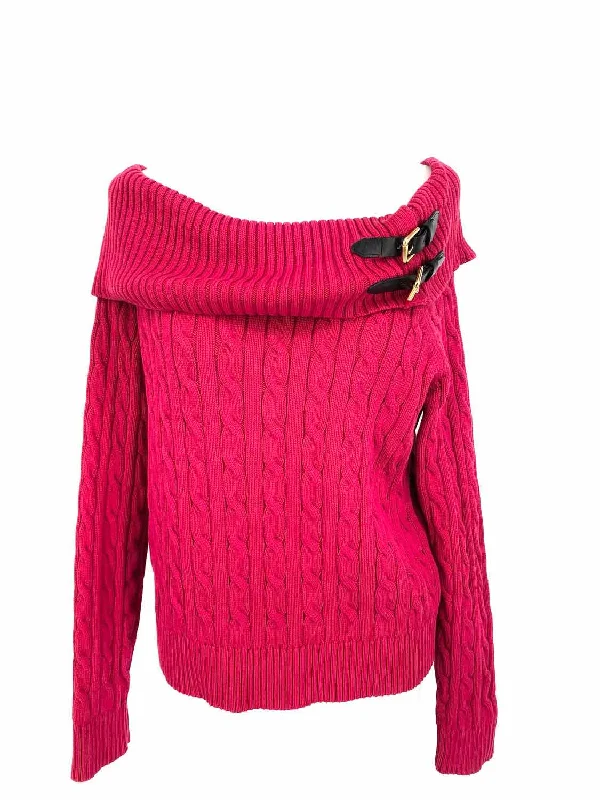 Lauren by RL Women's Red Cotton Knit Size L Sweater Hooded Sweater Collared Sweater Shawl Collar