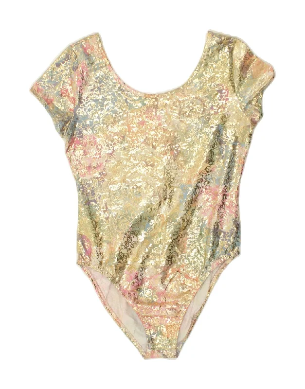 VINTAGE Womens Bodysuit UK 14 Large Gold Floral Cotton Stylish Draped Bodysuit