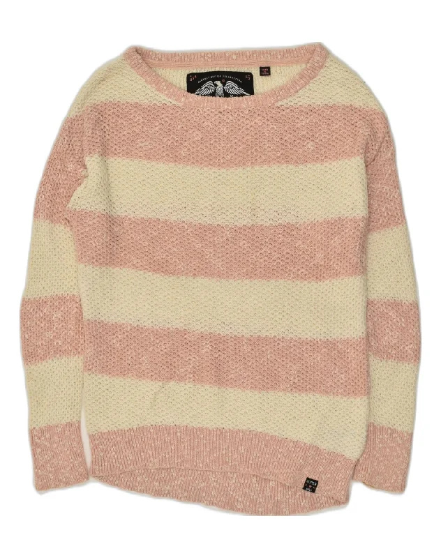 SUPERDRY Womens Boat Neck Jumper Sweater UK 10 Small Beige Striped Nylon Herringbone Houndstooth Plaid