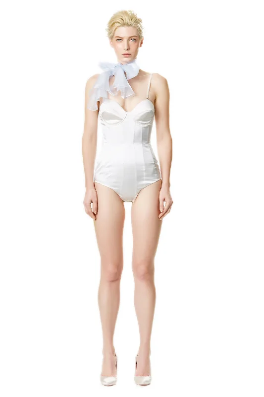 Silk Satin Corseted Bodysuit in White Comfortable Shaping Bodysuit