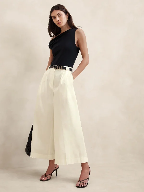 Pleated Wide-Leg Crop Poplin Pant Warm Wool Trousers
