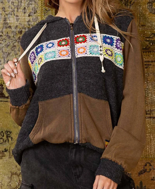 Granny Square Trim Zip Up Hoodie In Antique Charcoal Hoodie with Button Placket Classic Preppy