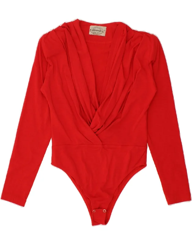 VINTAGE Womens Bodysuit UK 10 Small Red Polyester Stylish Bodysuit with Cross Front