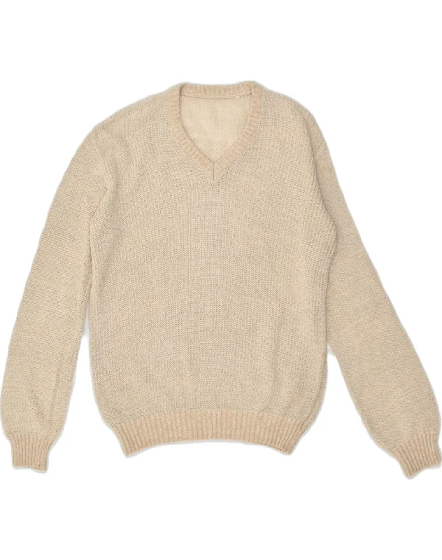 VINTAGE Womens V-Neck Jumper Sweater IT 48 XL  Beige Cotton Turtle Neck Boat Neck Asymmetrical Neck