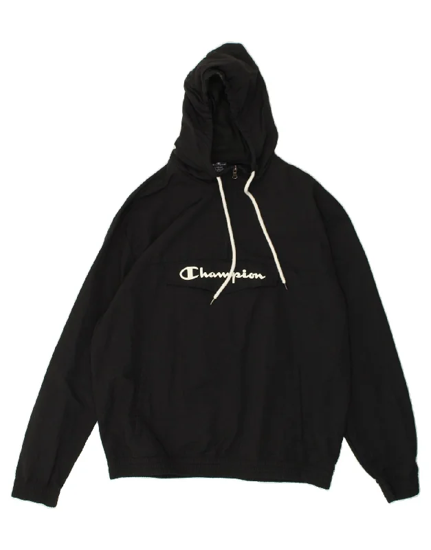 CHAMPION Womens Graphic Hooded Anorak Jacket UK 16 Large Black Polyamide Stand-Up Collar Roll-Neck Collar Turtle Neck