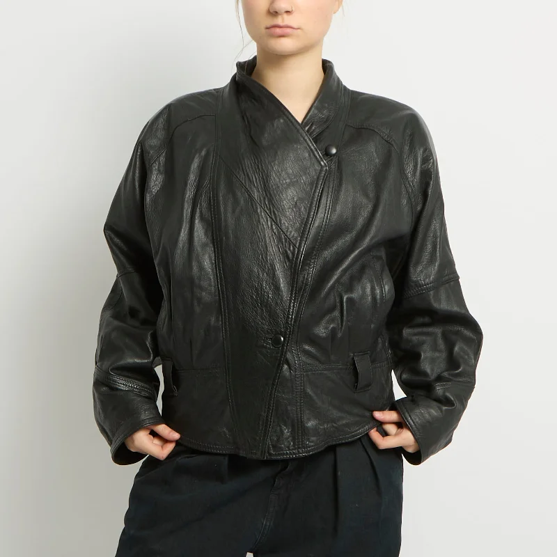 Leather Asymmetric Biker Jacket - UK 16 Print Jacket Jacquard Jacket Patchwork Jacket