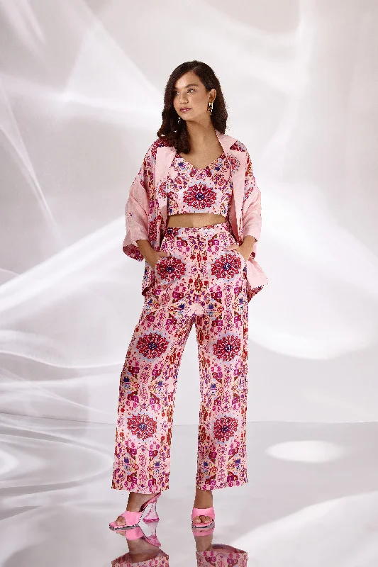Pink Kashan Print Silk Jacket, Bustier & Pants Set Comfortable Denim Trousers