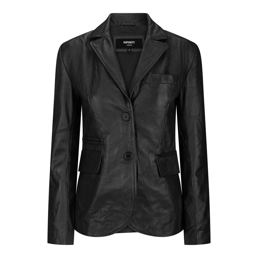 Ladies Women Real Black Leather slim Fit Blazer Jacket Belted Jacket Elasticated Jacket Padded Jacket