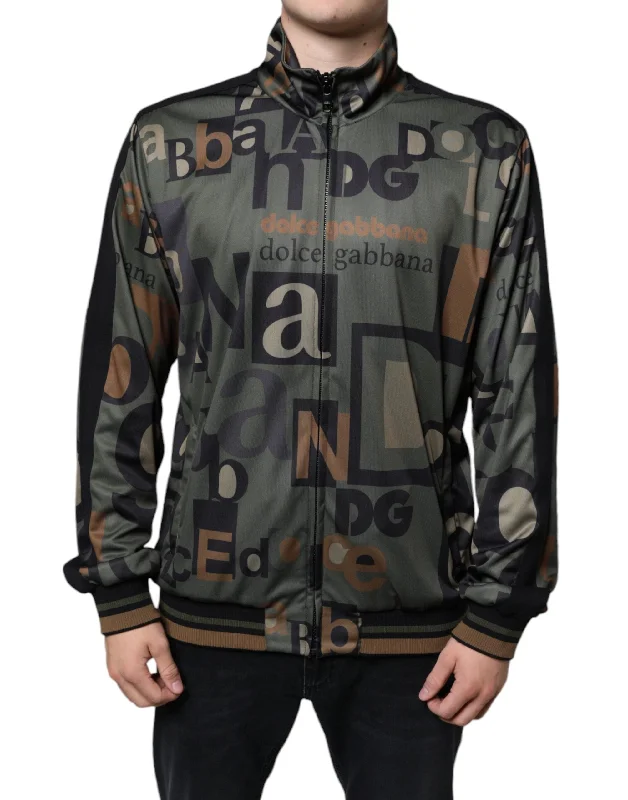 Army Green Logo Full Zip Polyester Sweater Boat Neck Shawl Collar Notched Collar