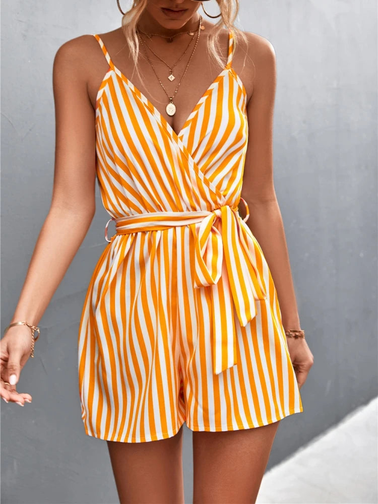 Fashion Summer New Women's Jumpsuit V Neck Short Bodysuit Backless Sexy Stripe Bandage Sleeveless Woman Clothing Trendy Transparent Bodysuit