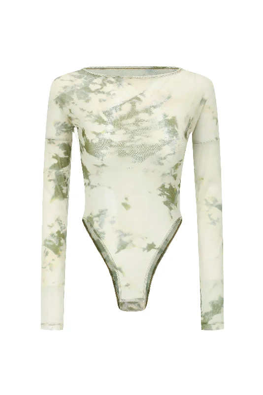 Green Mesh Print Bodysuit Comfortable Lace Bodysuit
