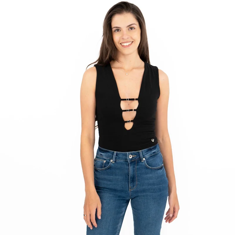 True Religion Black Cotton Bodysuit Cut Out Chest Summer Sleeveless Tops Stylish Bodysuit with Lace Detail