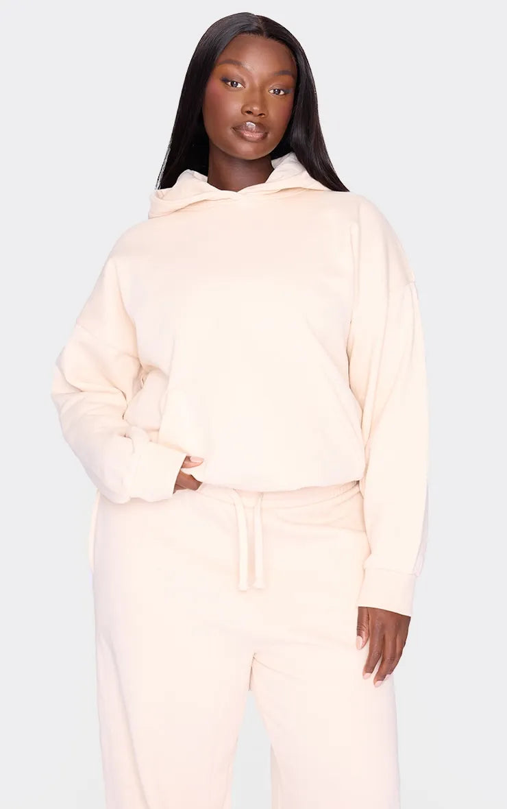 Plus Ecru Premium Basic Oversized Hoodie Hoodie with Cropped Fit Short Trendy