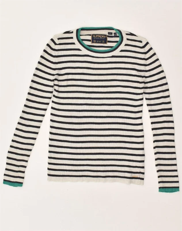SUPERDRY Womens Crew Neck Jumper Sweater UK 10 Small  White Striped Soft Cozy Warm