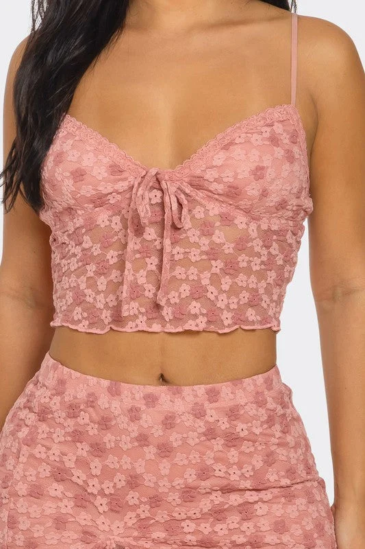 Flower Mesh Tie Front Tank Crop crew neck tank