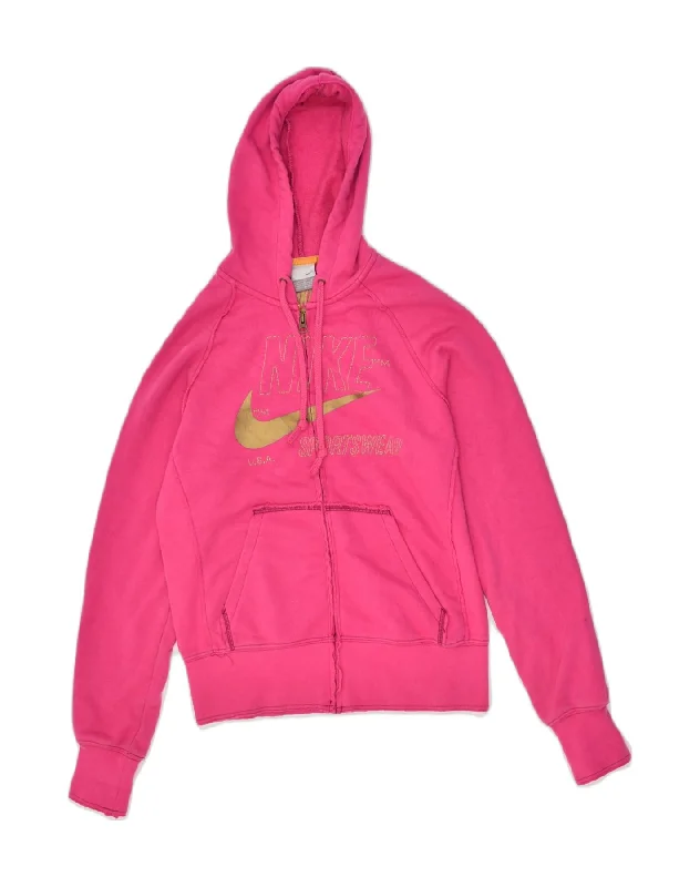 NIKE Womens Graphic Zip Hoodie Sweater UK 12 Medium Pink Cotton Solid Print Embellished