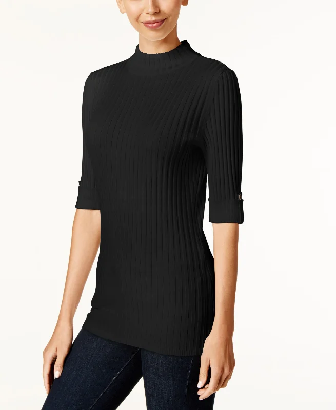 Style & Co Petite Ribbed Mock-Neck Sweater Toggled Drawstring Belted
