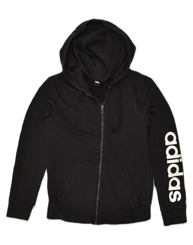 ADIDAS Womens Graphic Zip Hoodie Sweater UK 12/14 Medium Black Cotton Embroidered Appliqued Beaded