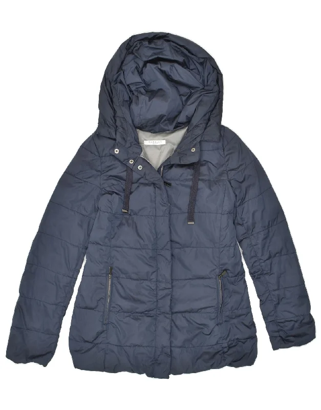 MARELLA Womens Hooded Padded Jacket UK 12 Medium Navy Blue Polyester Zip Front Button Front Snap Front