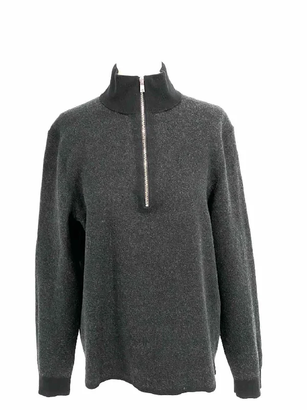 Theory Women's Black Gray 1/4 Zip Merino Wool Blend Color Block Size L Sweater Knit Fabric Woven Fabric Fleece Fabric