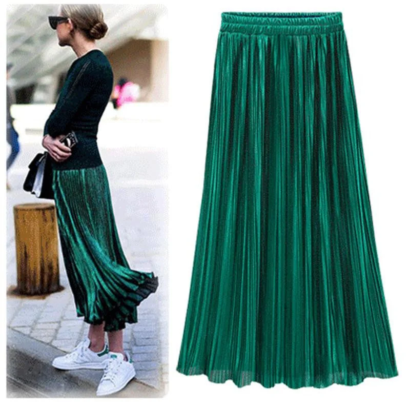Women Fashion Gold Sequined Skirts Female Black Red Green High Waist Pleated Midi Novelty Midi Skirts asymmetrical skirt cut