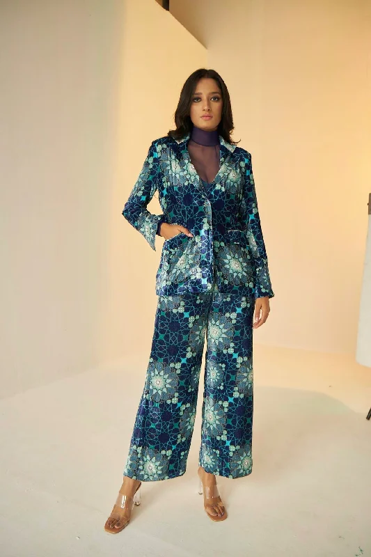 Blue- Tashkent Velvet Jacket And Pants Set With Bustier Lightweight Jogger Pants