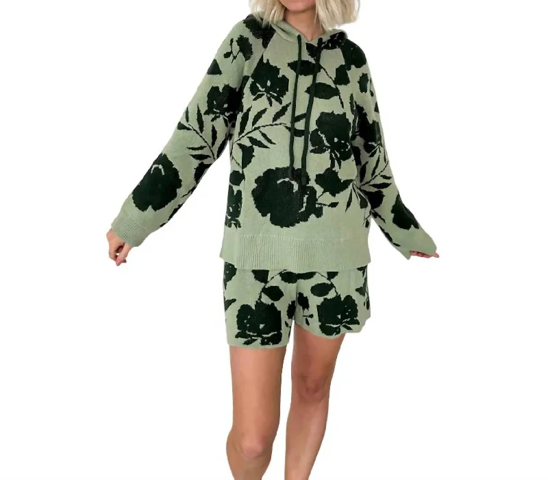 Cozy Club Hoodie Set In Green Floral Hoodie with Relaxed Fit Easy Casual