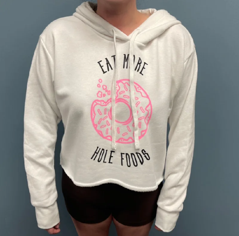 “Eat More Hole Foods” Crop Hoodie Hoodie with Button Placket Classic Preppy