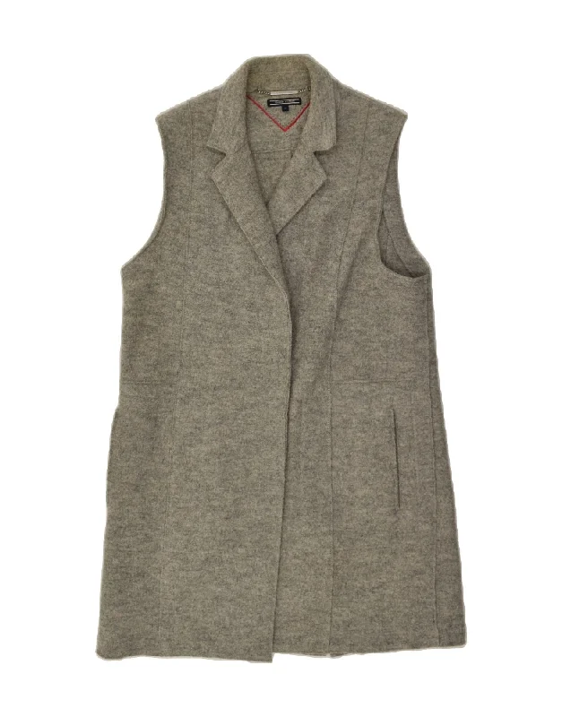 TOMMY HILFIGER Womens Sleeveless Open Blazer Jacket US 10 Large Grey Wool Zippered Front Buttoned Front Snap Front