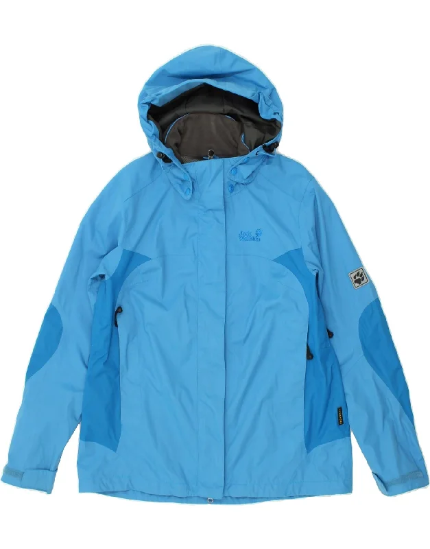 JACK WOLFSKIN Womens Hooded Rain Jacket UK 16 Large Blue Colourblock Nylon Jacket Polyester Jacket Spandex Jacket