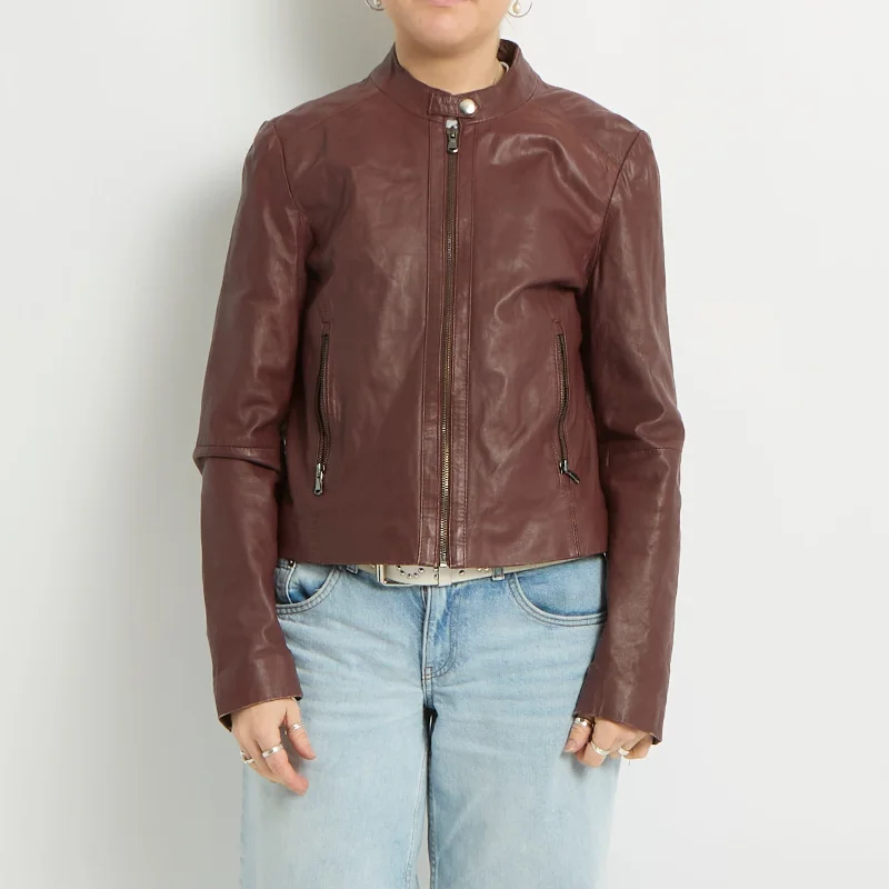Leather Biker Jacket - UK 6 A-Line Jacket Boat Neck Shawl Collar