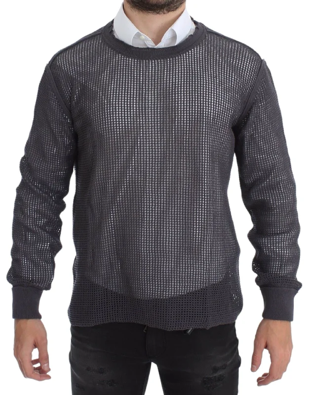 Elegant Crew-neck Netted Sweater In Light Purple Zippered Front Buttoned Front Snap Front