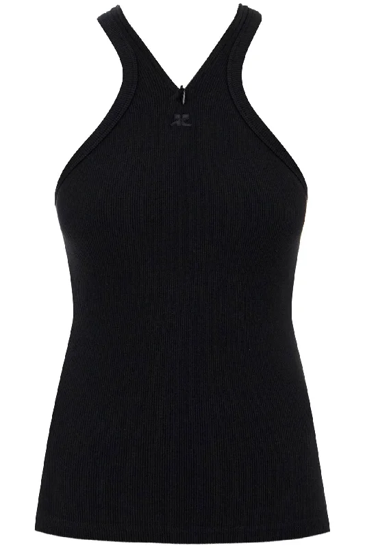 Ribbed Tank Top With Zipper On The Neckline  - Black strapless tank top