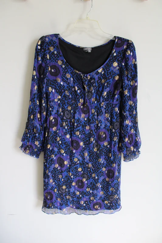 Muse Silk Blue Gold Patterned Long Sleeved Dress | 4 Tunics Office stylish