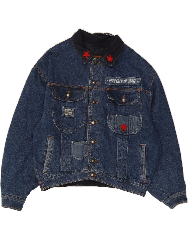 BISCOTE Womens Graphic Denim Jacket UK 16 Large Blue Cotton Welt Pockets Slit Pockets Flap Pockets