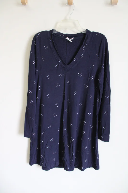 Blue Floral Knit Lounge Stretch Dress | M Square Neckline Feminine
