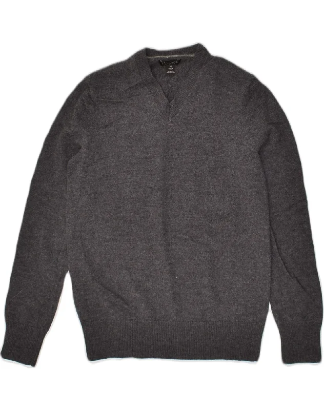 BANANA REPUBLIC Womens V-Neck Jumper Sweater UK 14 Medium Grey Merino Wool Neon Metallic Matte