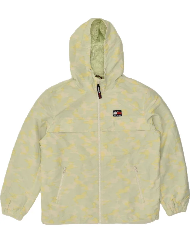 TOMMY HILFIGER Womens Hooded Rain Jacket UK 14 Medium Green Camouflage Faux Fur Fabric Real Fur Fabric Shearling Fabric