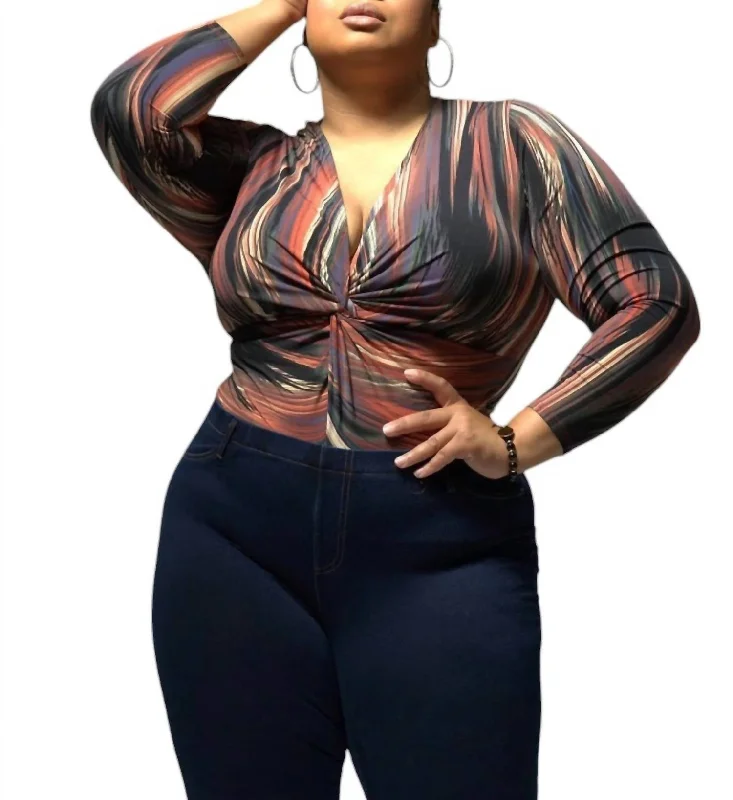 Long Sleeve Bodysuit In Wine Multi Fashionable Fitted Bodysuit