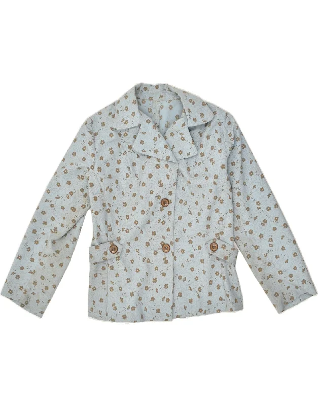 VINTAGE Womens 2 Button Blazer Jacket UK 12 Medium Blue Floral V-Neck Jacket Boat Neck Jacket Square Neck Jacket